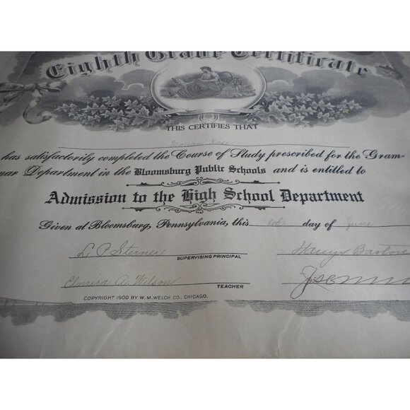 Antique 8th Eighth Grade Certificate Graduation Kase Unframed 1911 Bloomsburg PA - Picture 3 of 4